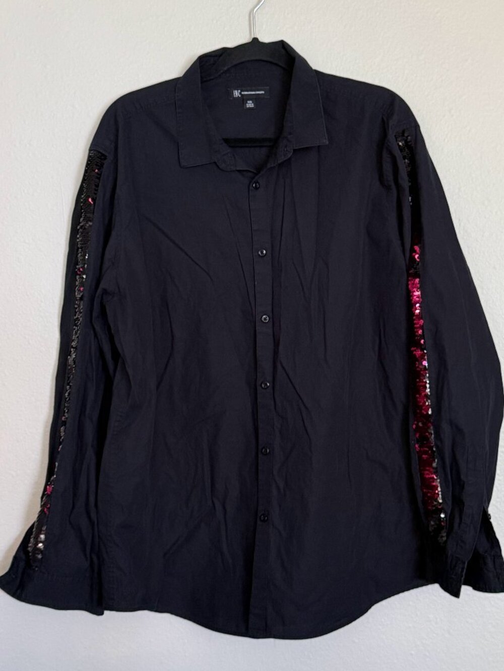 INC International Concepts Men's XXL Black Button Down Shirt Pink Sequin Sleeve